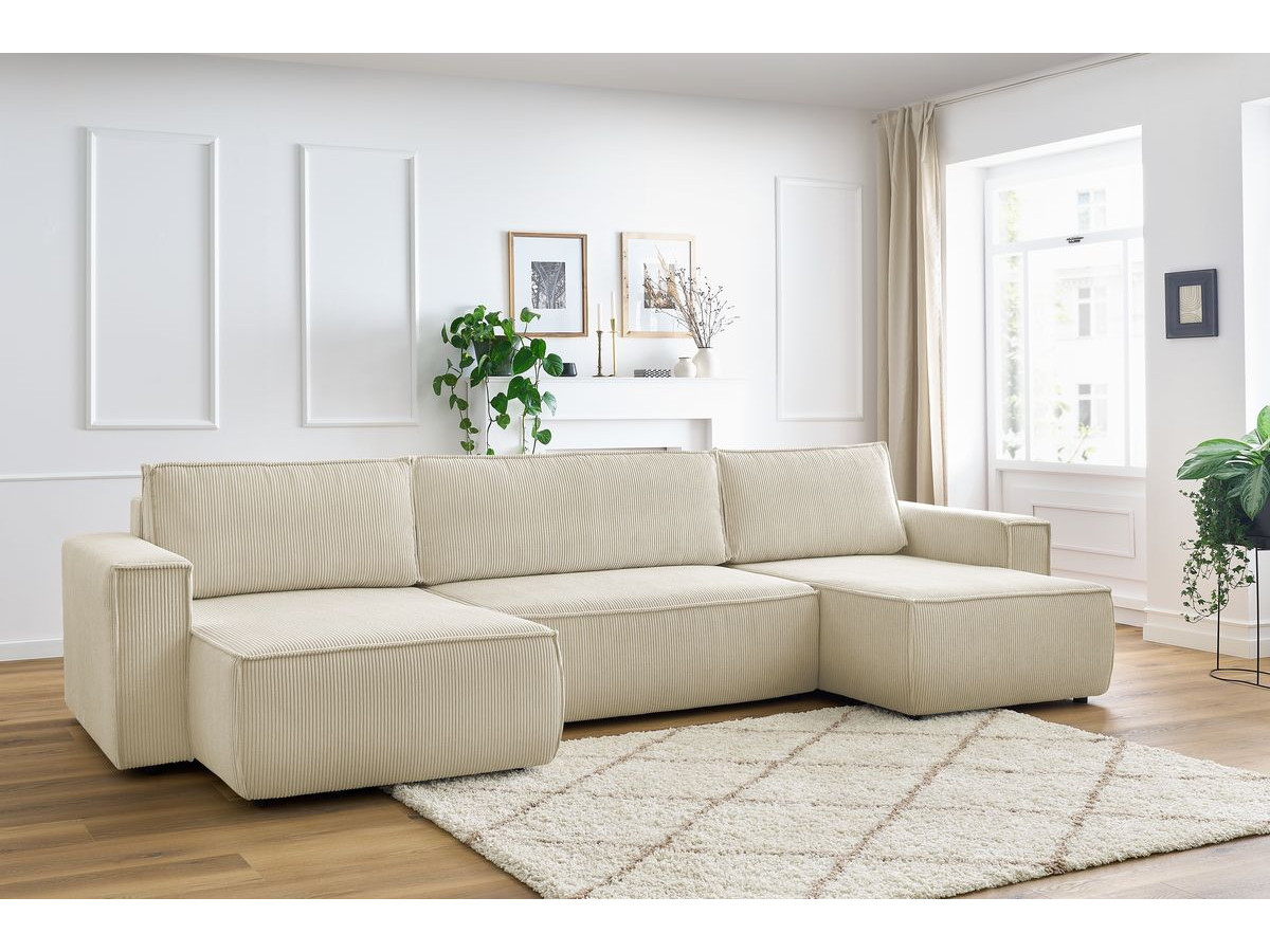 Canapé panoramique convertible coffre NIHAD velours côtelé beige panoramique BOBOCHIC 6 places - Vue supplémentaire 3