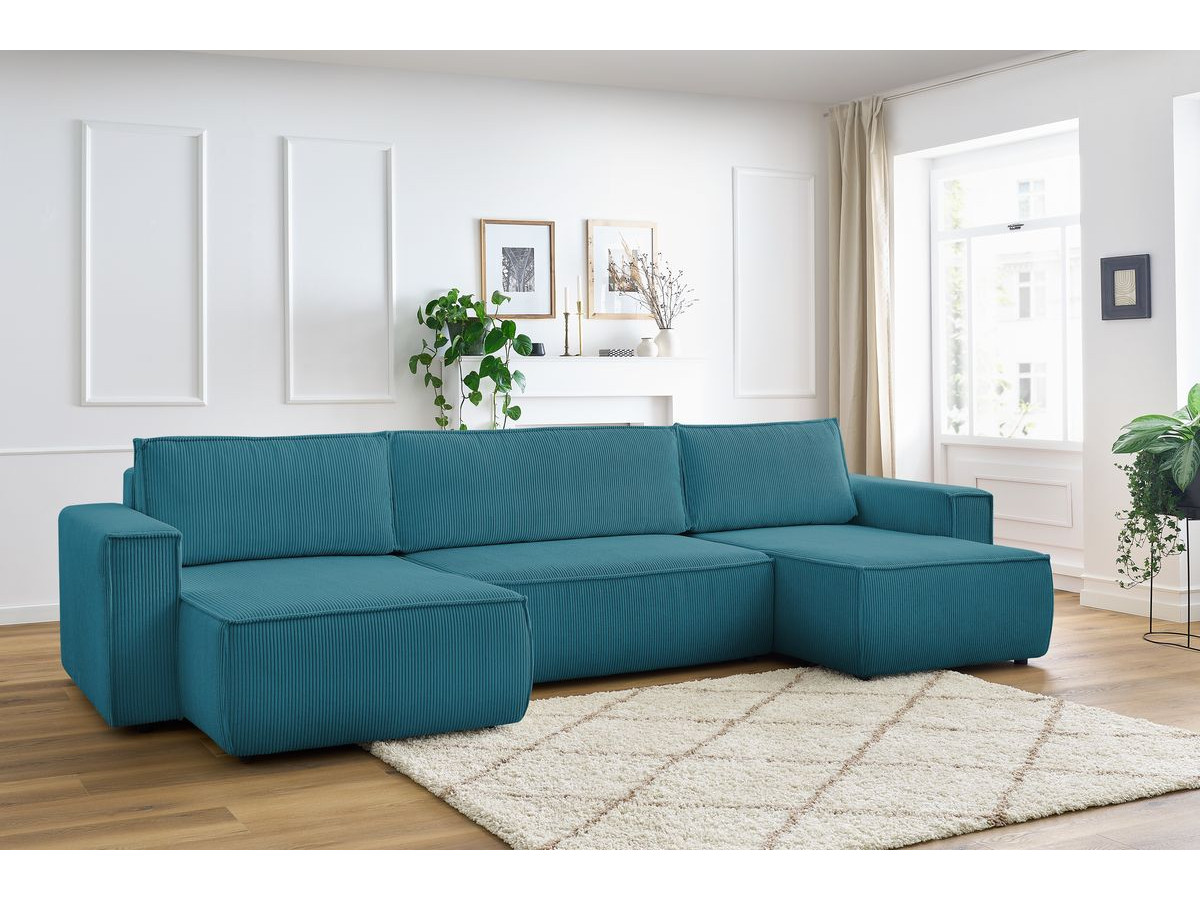 Canapé panoramique convertible coffre NIHAD velours côtelé bleu clair panoramique BOBOCHIC 6 places - Vue supplémentaire 3