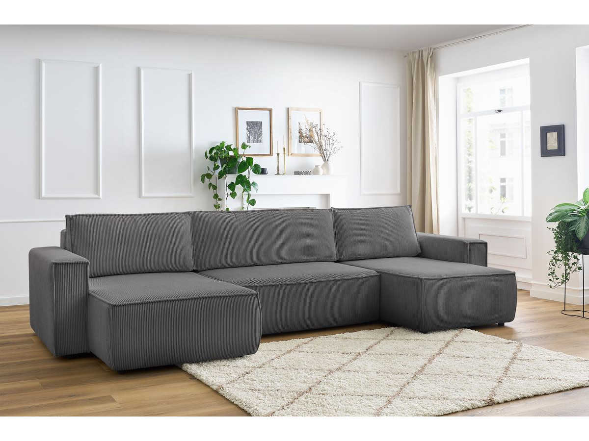 Canapé panoramique convertible coffre NIHAD velours côtelé gris foncé panoramique BOBOCHIC 6 places - Vue supplémentaire 3