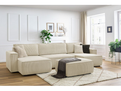 Canapé panoramique convertible coffre NIHAD velours côtelé avec pouf