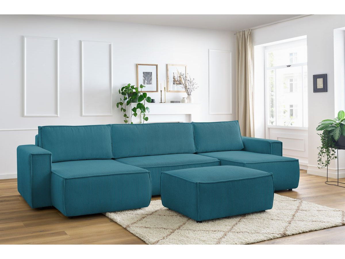 Canapé panoramique convertible coffre NIHAD velours côtelé avec pouf bleu clair panoramique BOBOCHIC 7 places - Vue supplémentaire 3