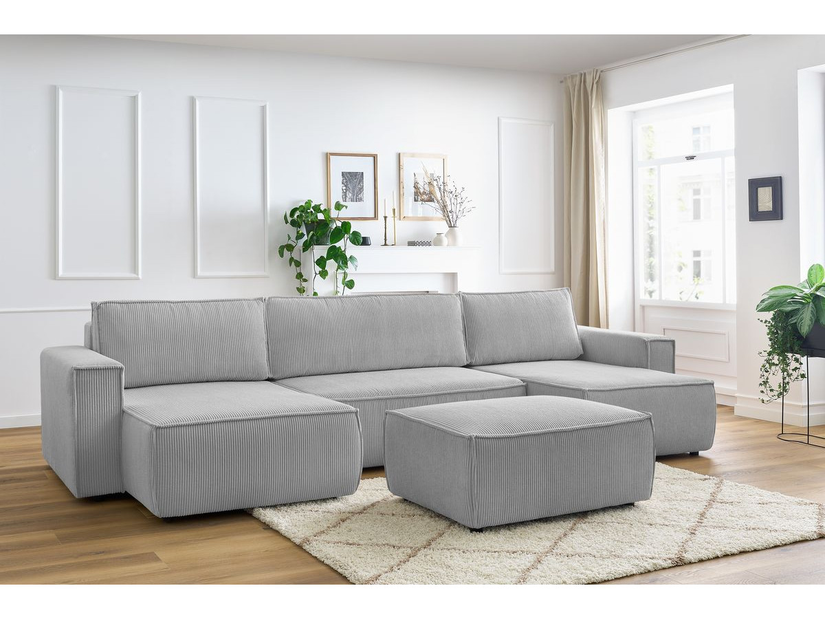 Canapé panoramique convertible coffre NIHAD velours côtelé avec pouf gris clair panoramique BOBOCHIC 7 places - Vue supplémentaire 3
