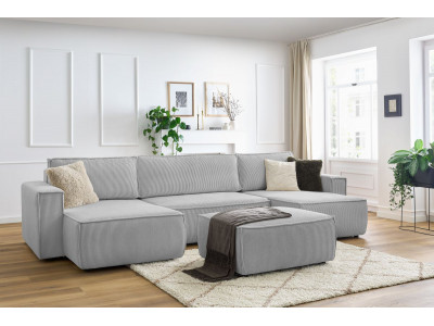 Canapé panoramique convertible coffre NIHAD velours côtelé avec pouf