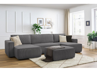 Canapé panoramique convertible coffre NIHAD velours côtelé avec pouf