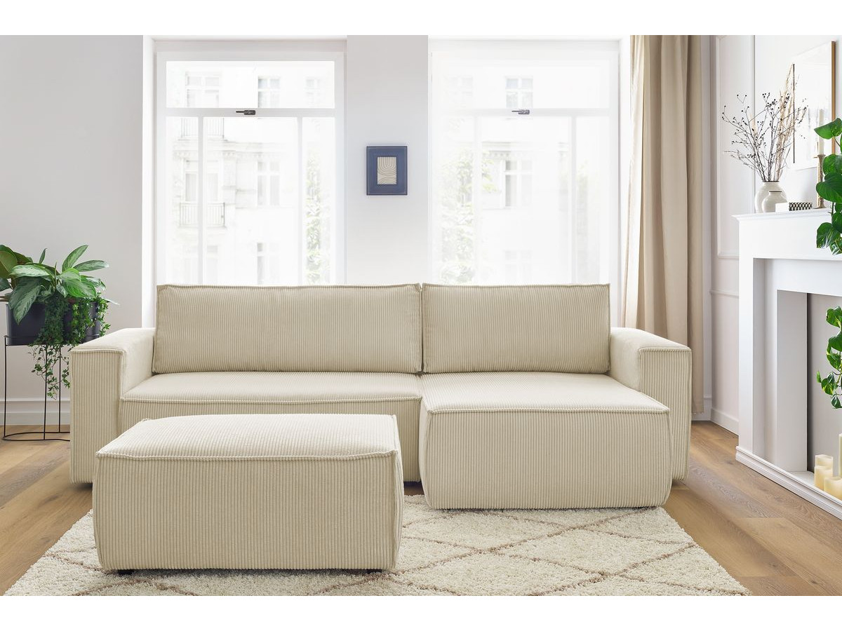 Canapé d'angle réversible convertible coffre NIHAD velours côtelé avec pouf beige BOBOCHIC 5 places - Vue supplémentaire 3