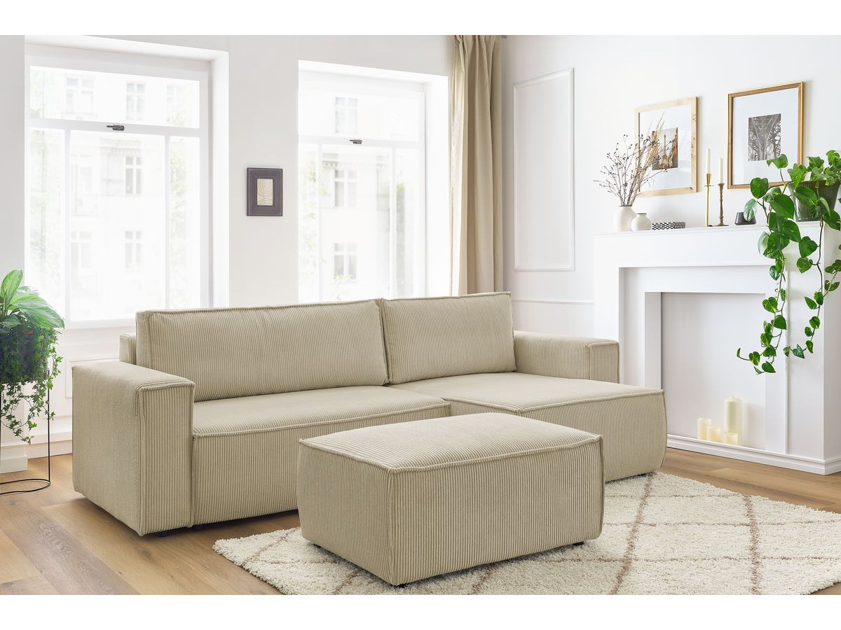 Canapé d'angle réversible convertible coffre NIHAD velours côtelé avec pouf