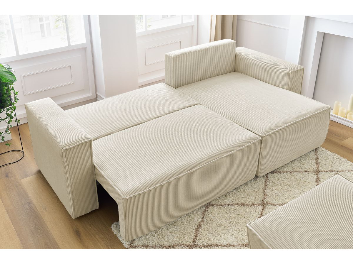 Canapé d'angle réversible convertible coffre NIHAD velours côtelé avec pouf