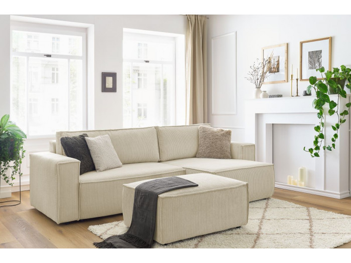 Canapé d'angle réversible convertible coffre NIHAD avec pouf