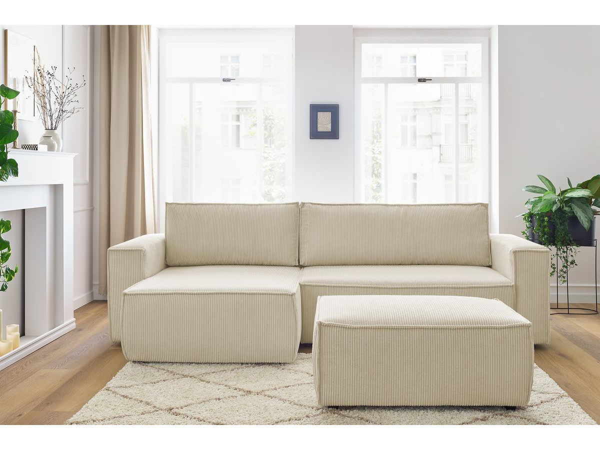 Canapé d'angle réversible convertible coffre NIHAD velours côtelé avec pouf