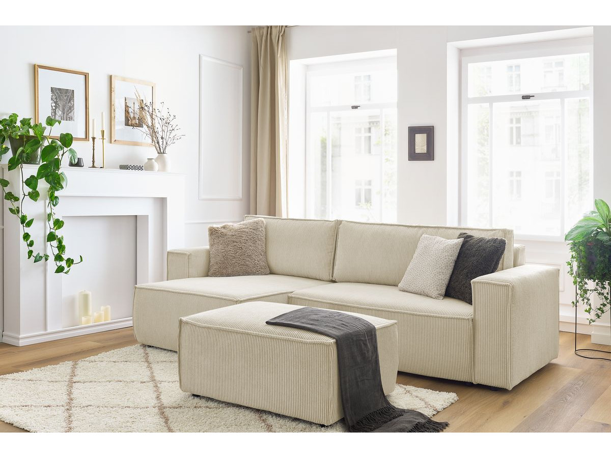 Canapé d'angle réversible convertible coffre NIHAD velours côtelé avec pouf beige BOBOCHIC 5 places - Vue supplémentaire 2