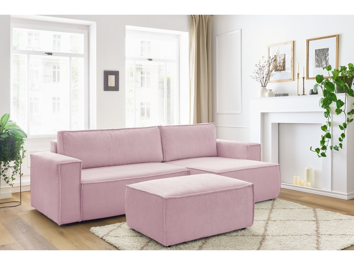 Canapé d'angle réversible convertible coffre NIHAD velours côtelé avec pouf