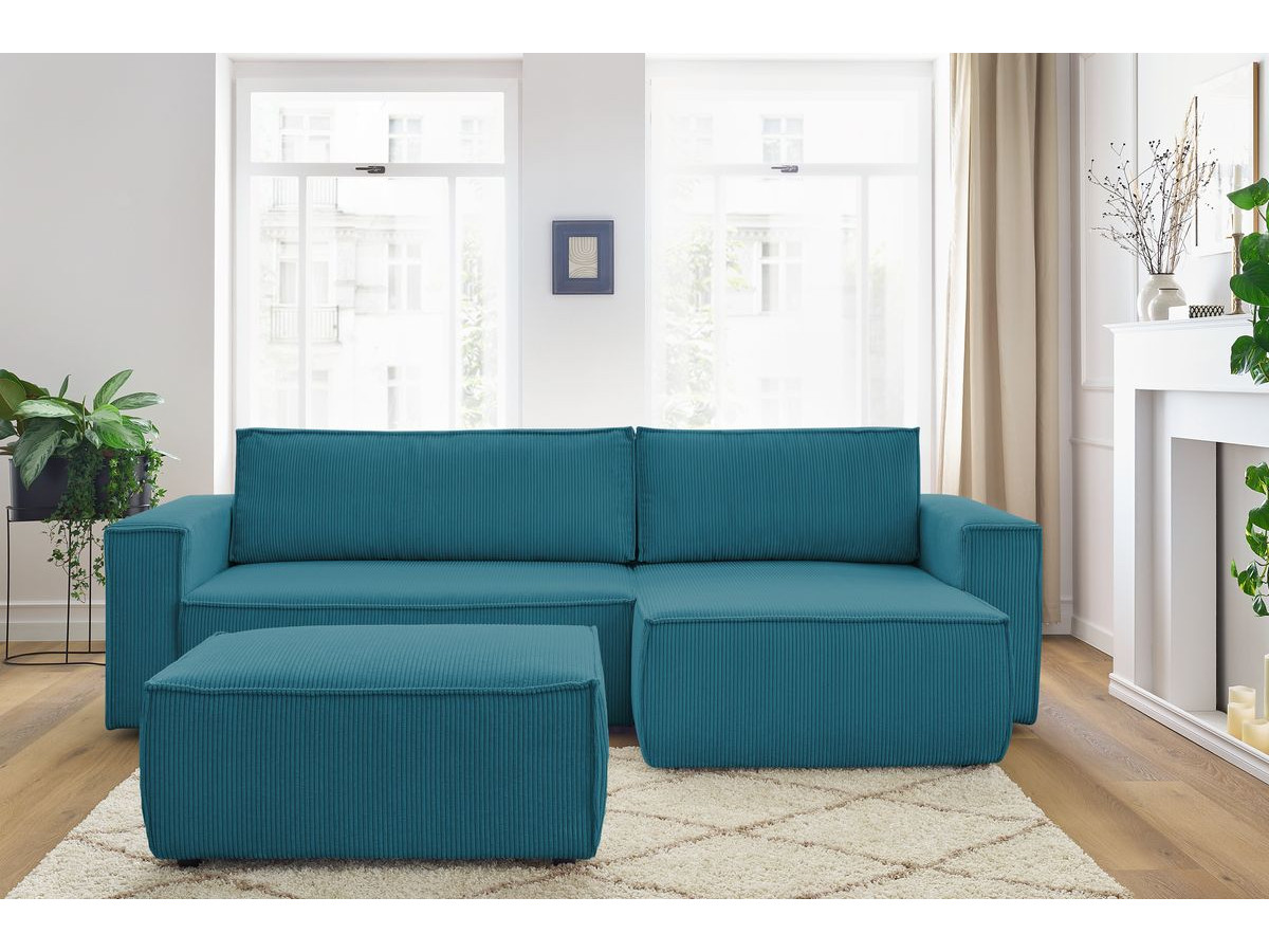 Nihad canapé d'angle réversible convertible coffre 5 places velours côtelé bleu clair - Vue supplémentaire 3