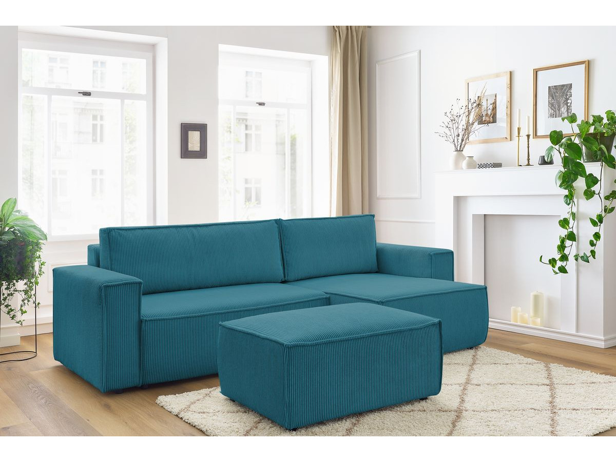 Canapé d'angle réversible convertible coffre NIHAD velours côtelé avec pouf