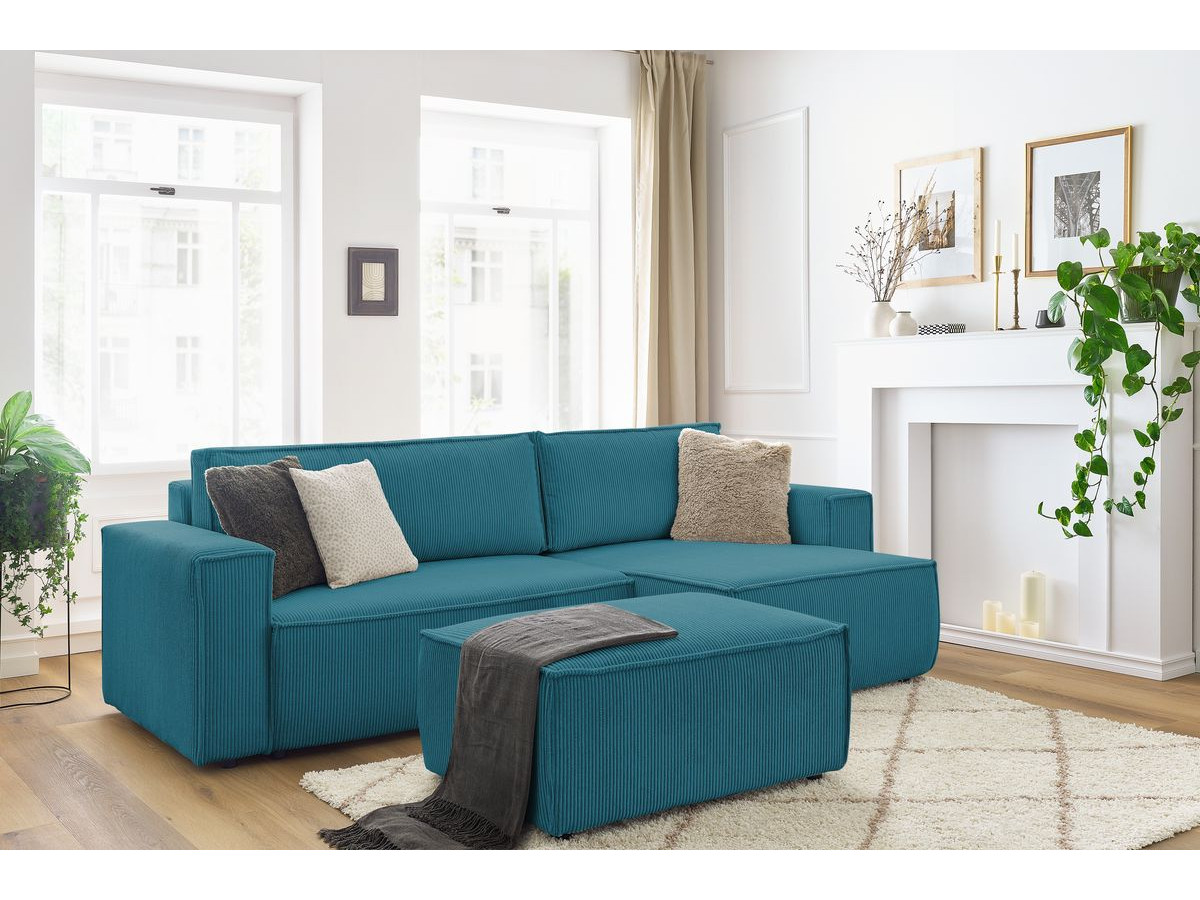 Canapé d'angle réversible convertible coffre NIHAD velours côtelé avec pouf