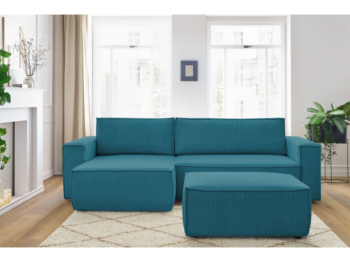 Canapé d'angle réversible convertible coffre NIHAD velours côtelé avec pouf