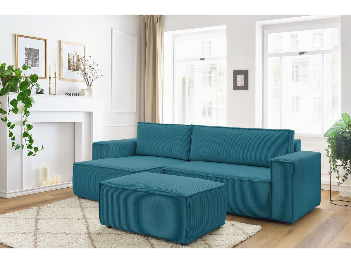 Canapé d'angle réversible convertible coffre NIHAD velours côtelé avec pouf