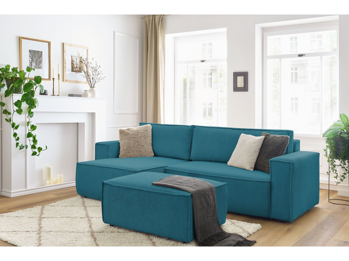 Canapé d'angle réversible convertible coffre NIHAD velours côtelé avec pouf