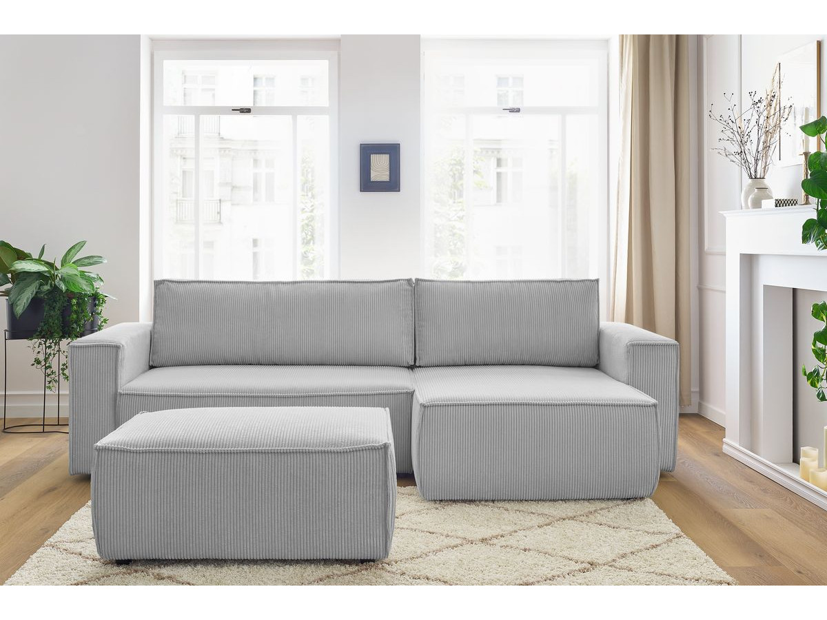 Canapé d'angle réversible convertible coffre NIHAD velours côtelé avec pouf gris clair BOBOCHIC 5 places - Vue supplémentaire 3