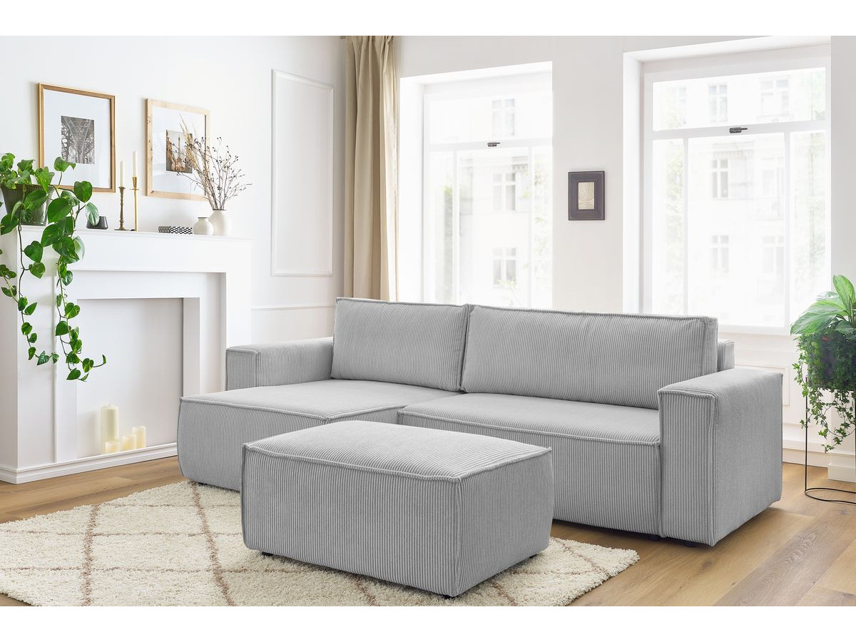 Canapé d'angle réversible convertible coffre NIHAD velours côtelé avec pouf
