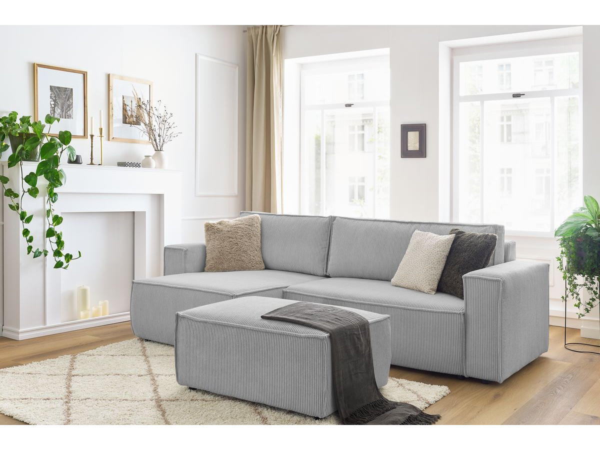 Canapé d'angle réversible convertible coffre NIHAD velours côtelé avec pouf gris clair BOBOCHIC 5 places - Vue supplémentaire 2