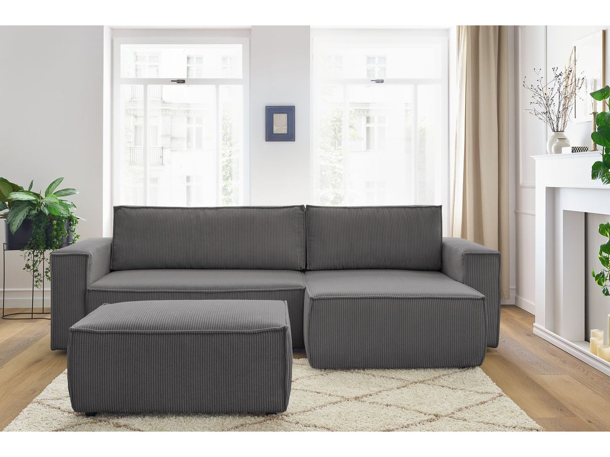 Canapé d'angle réversible convertible coffre NIHAD velours côtelé avec pouf gris foncé BOBOCHIC 5 places - Vue supplémentaire 3