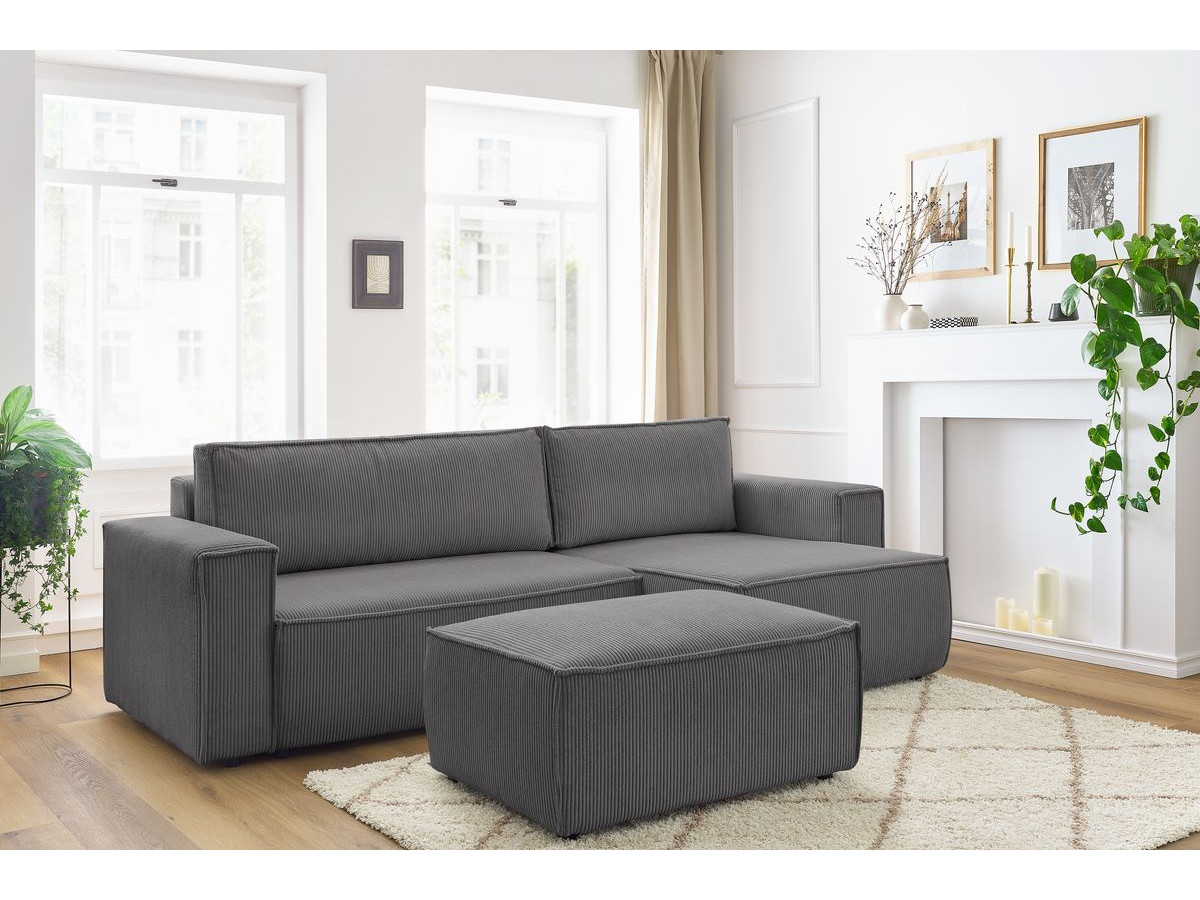 Canapé d'angle réversible convertible coffre NIHAD velours côtelé avec pouf