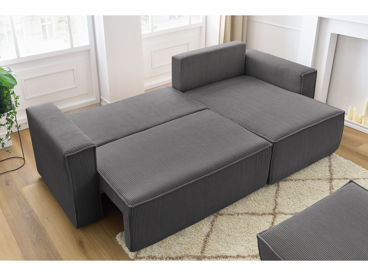 Canapé d'angle réversible convertible coffre NIHAD velours côtelé avec pouf