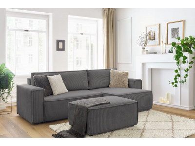 Canapé d'angle réversible convertible coffre NIHAD velours côtelé avec pouf