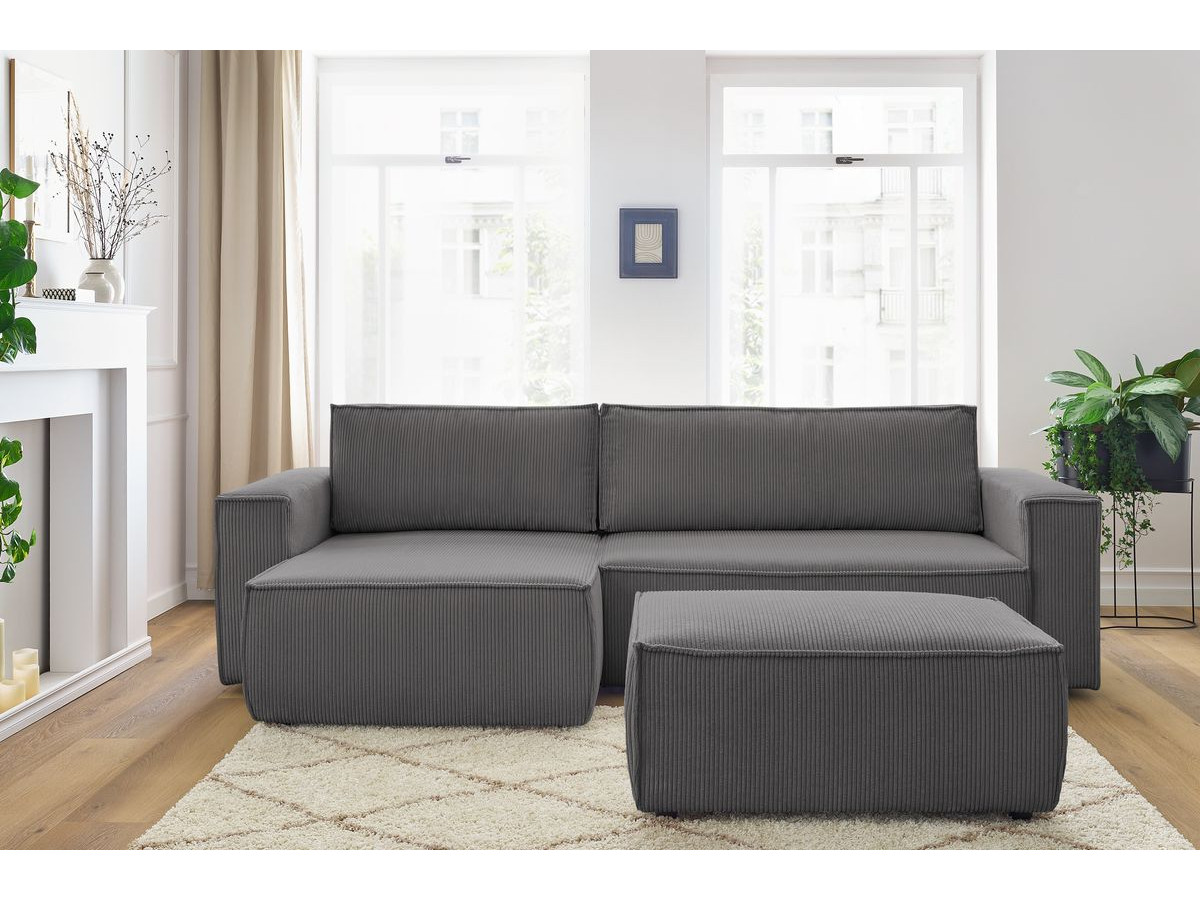 Canapé d'angle réversible convertible coffre NIHAD velours côtelé avec pouf