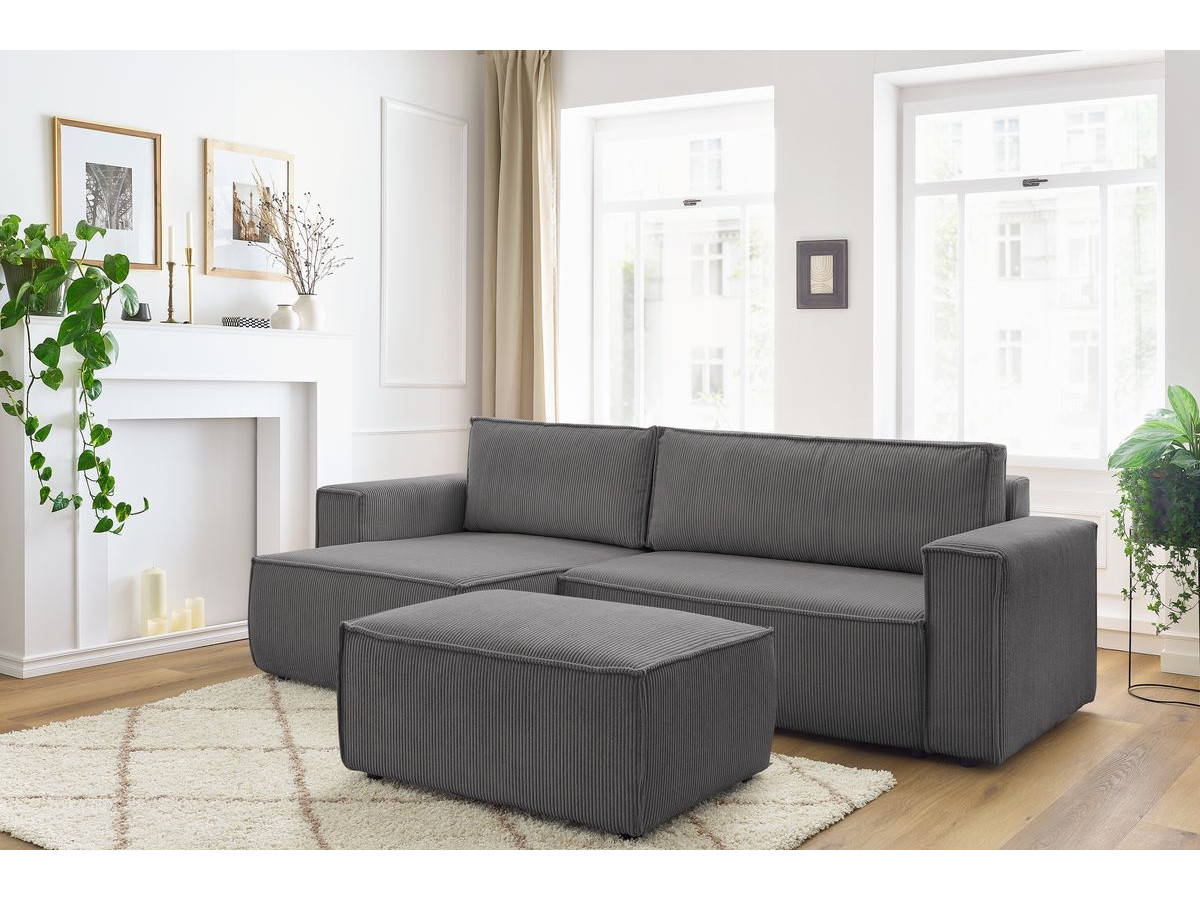 Canapé d'angle réversible convertible coffre NIHAD velours côtelé avec pouf
