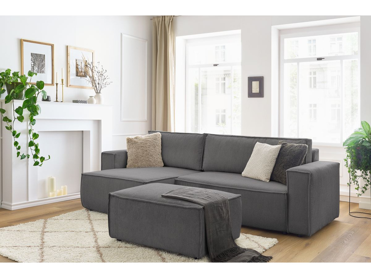 Canapé d'angle réversible convertible coffre NIHAD velours côtelé avec pouf gris foncé BOBOCHIC 5 places - Vue supplémentaire 2