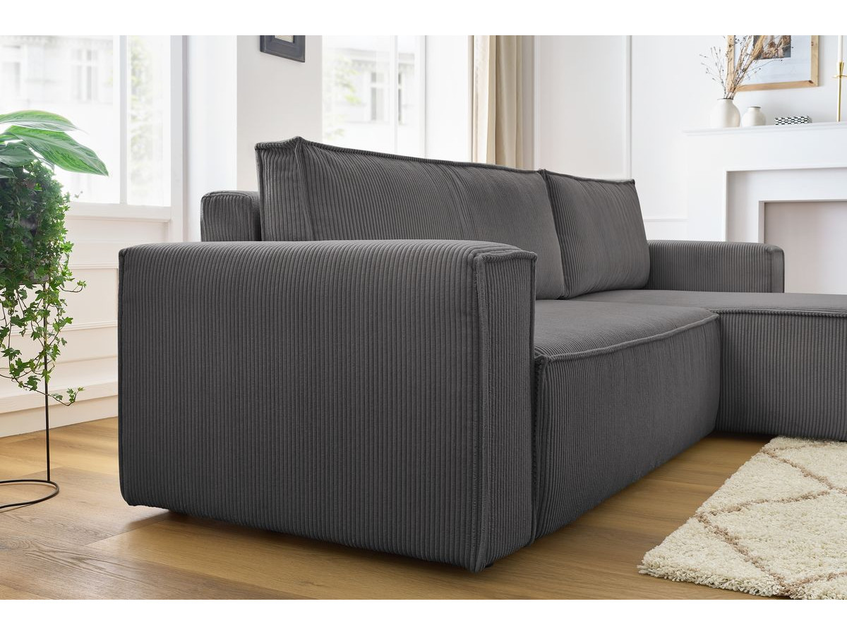 Canapé d'angle réversible convertible coffre NIHAD velours côtelé avec pouf