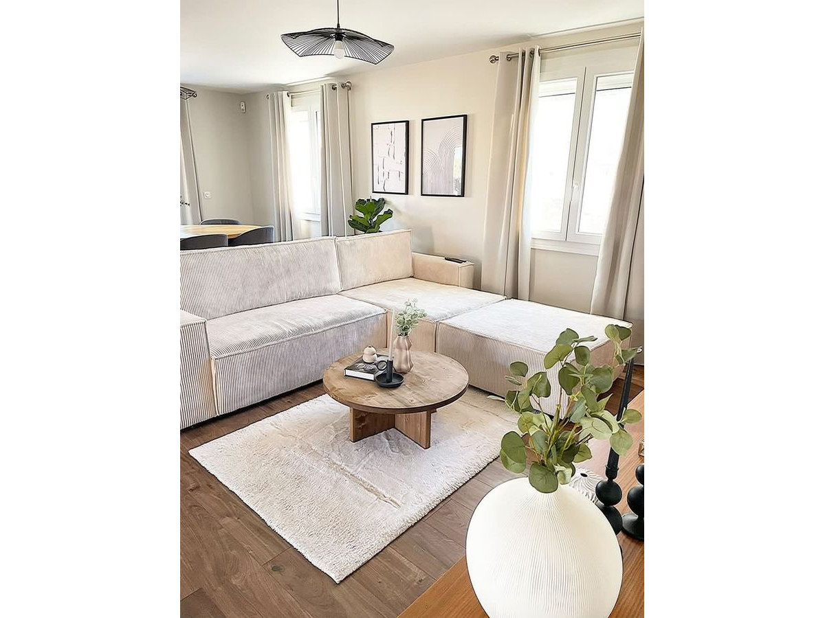 Canapé d'angle réversible convertible coffre NIHAD velours côtelé avec pouf