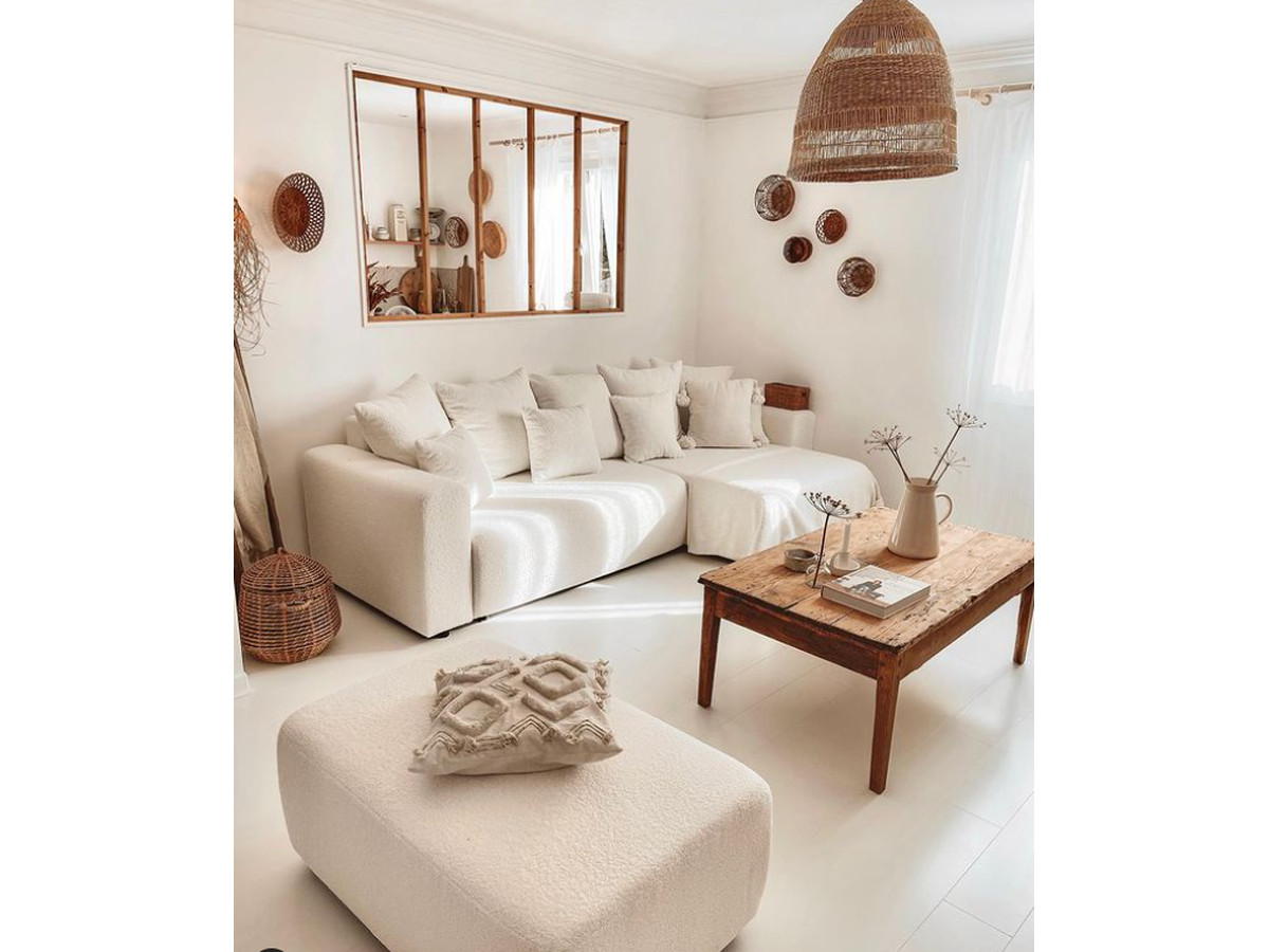 ENVY omkeerbare hoekslaapbank met opbergvak in zachte badstof met rechthoekige poef