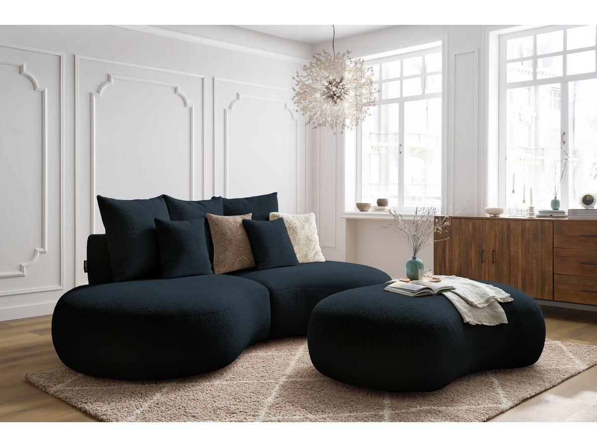 Canapé droit 3 places SAINT-GERMAIN bouclette avec pouf bleu foncé