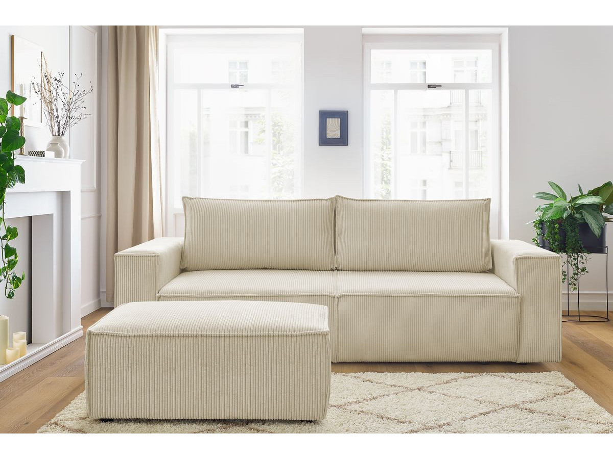 Canapé droit convertible coffre NIHAD velours côtelé avec pouf beige — vue 5
