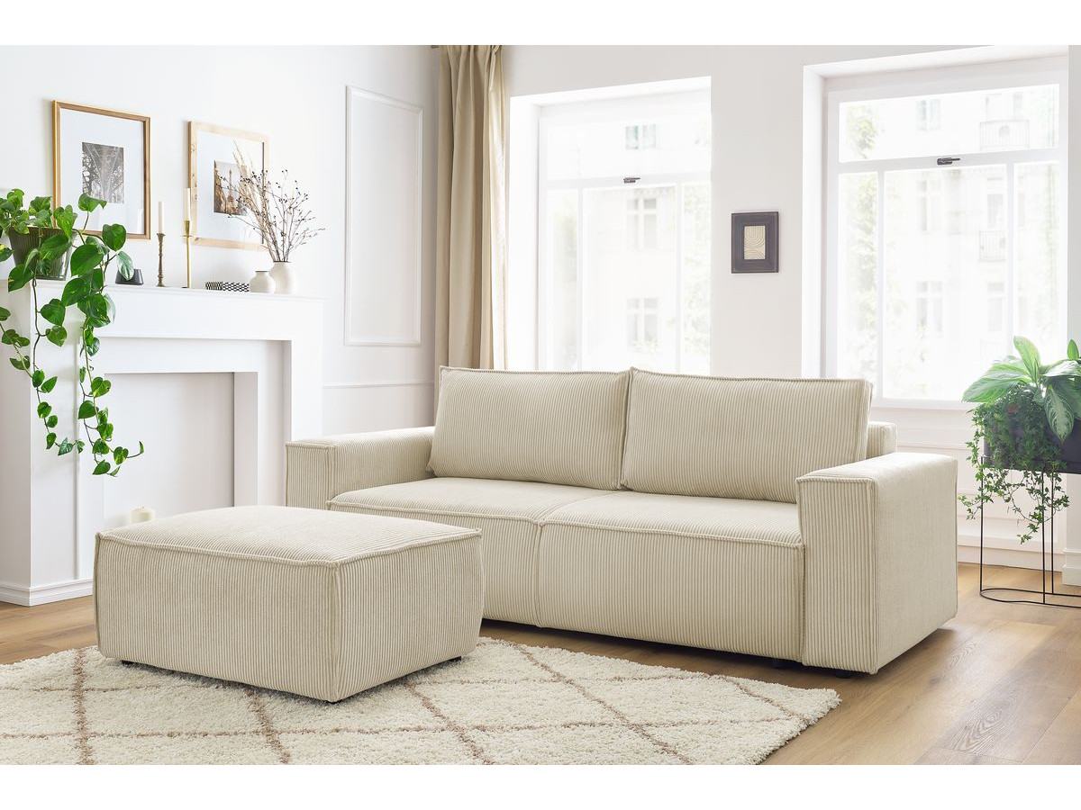 Canapé droit convertible coffre NIHAD velours côtelé avec pouf