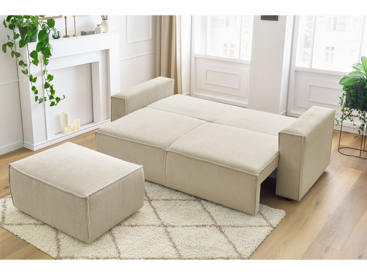 Canapé droit convertible coffre NIHAD velours côtelé avec pouf