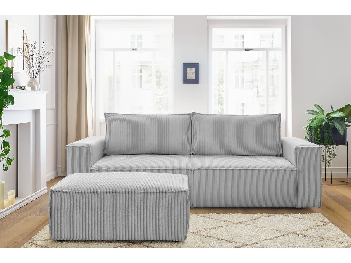 Canapé droit convertible coffre NIHAD velours côtelé avec pouf gris clair — vue 5