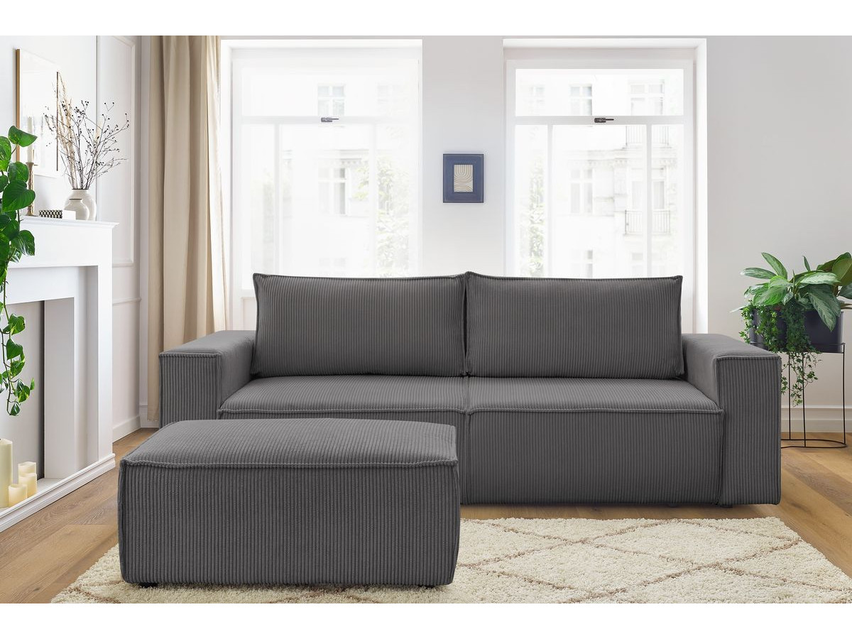 Canapé droit convertible coffre NIHAD velours côtelé avec pouf gris foncé — vue 5