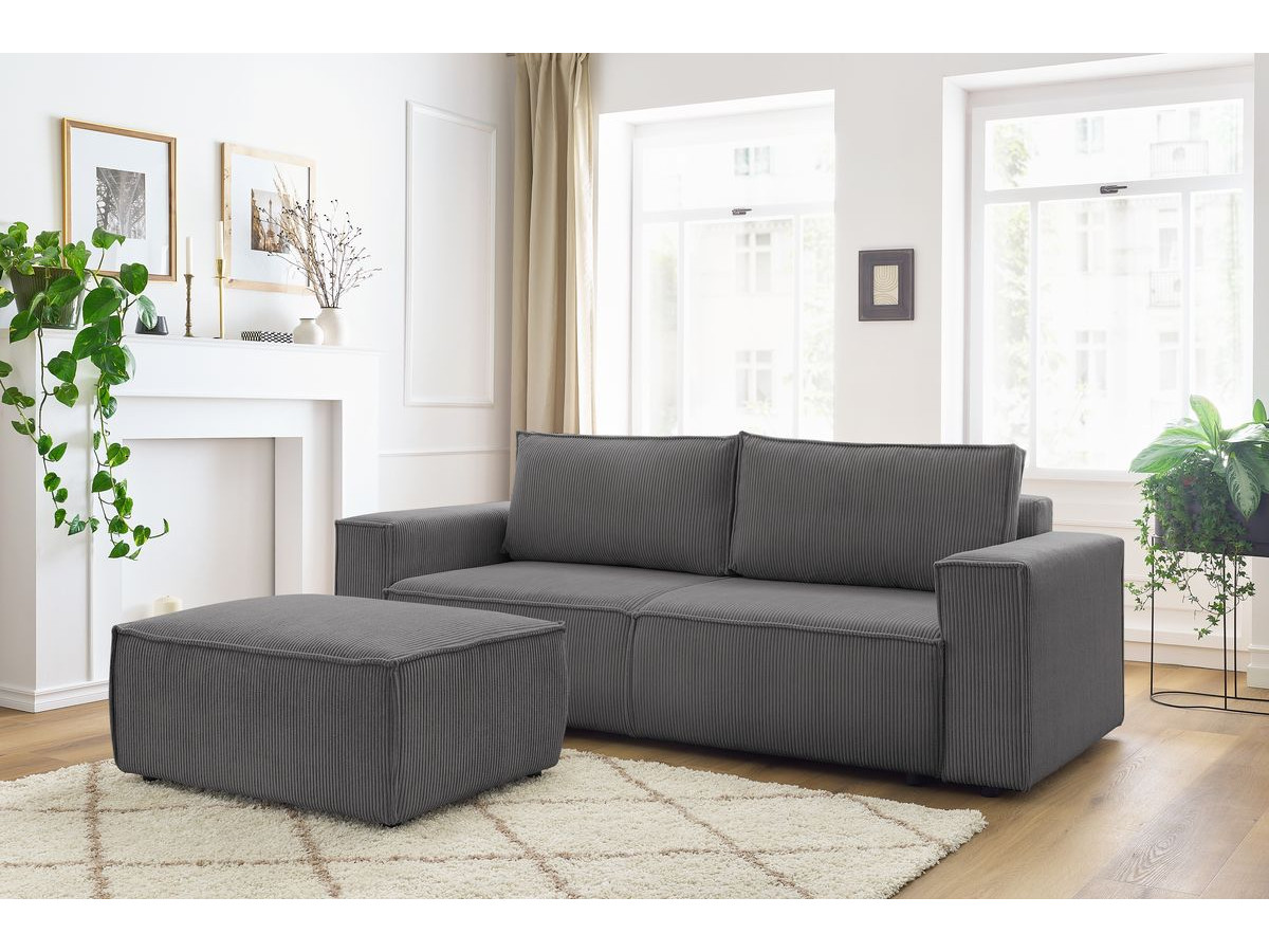 Canapé droit convertible coffre NIHAD velours côtelé avec pouf