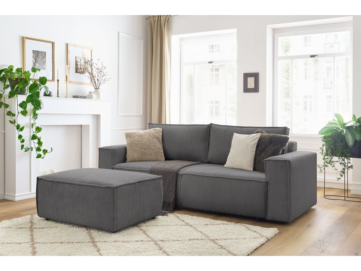 Canapé droit convertible coffre NIHAD velours côtelé avec pouf