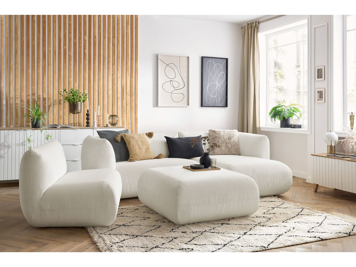 Canapé d'angle fixe modulable LECOMTE avec 1 chauffeuse et 1 grand pouf blanc  angle droit BOBOCHIC 5 places