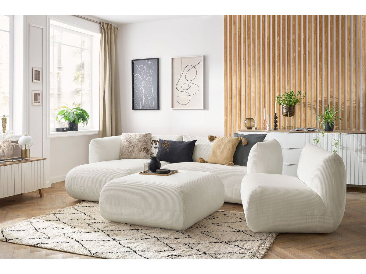 Canapé d'angle fixe modulable LECOMTE avec 1 chauffeuse et 1 grand pouf blanc  angle gauche BOBOCHIC 5 places