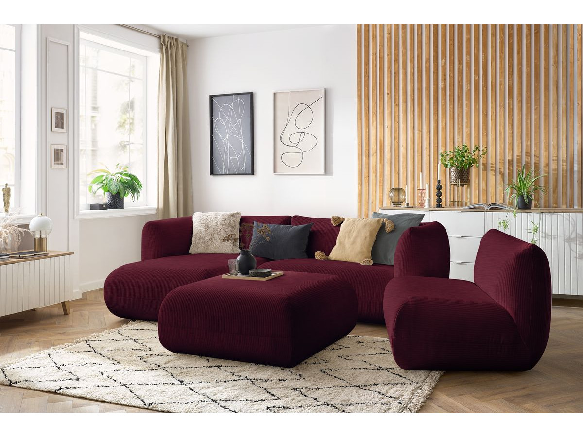 Canapé d'angle fixe modulable LECOMTE avec 1 chauffeuse et 1 grand pouf rouge  angle gauche BOBOCHIC 5 places