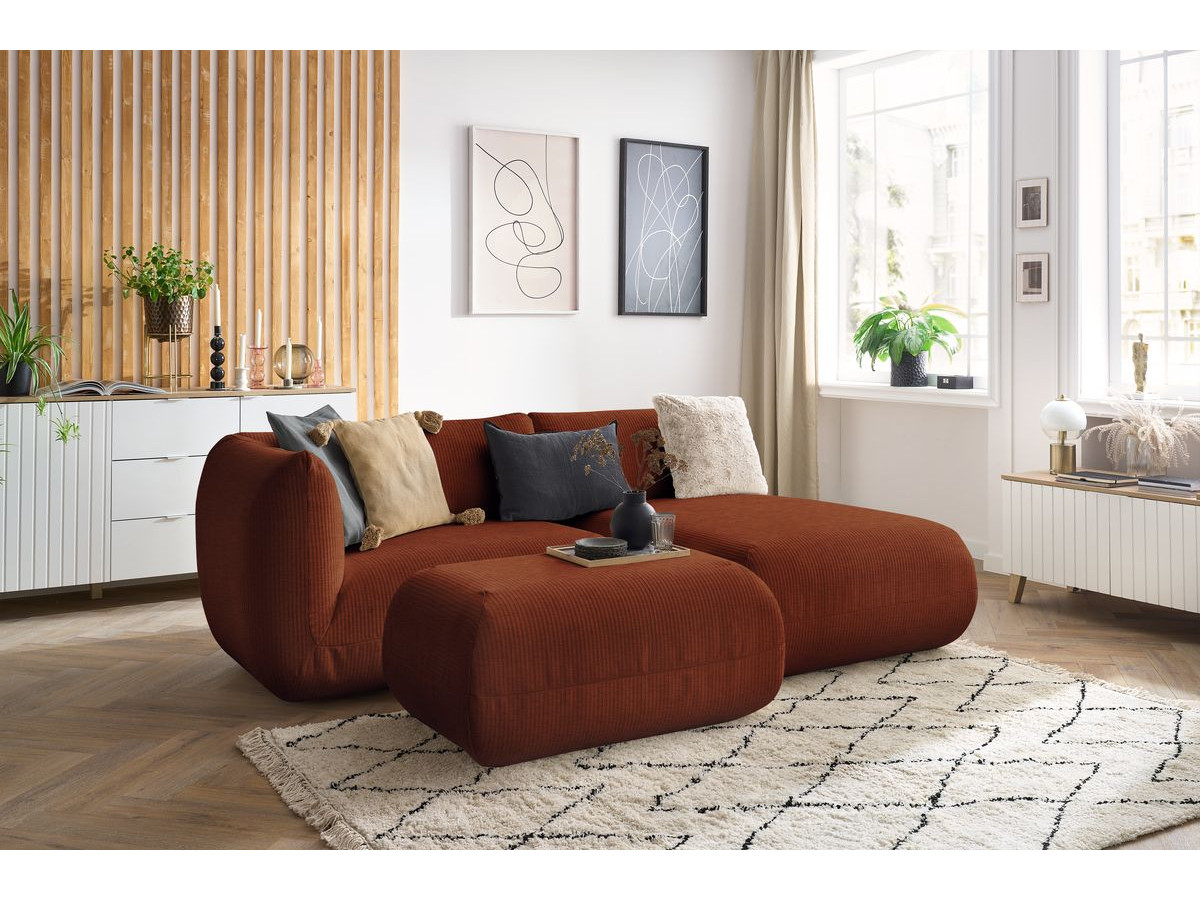 Canapé d'angle fixe LECOMTE avec 1 chauffeuse avec accoudoir 130 cm, 1 méridienne sans accoudoir et 1 petit pouf