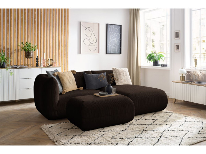 Canapé d'angle fixe LECOMTE avec 1 chauffeuse avec accoudoir 130 cm, 1 méridienne sans accoudoir et 1 petit pouf