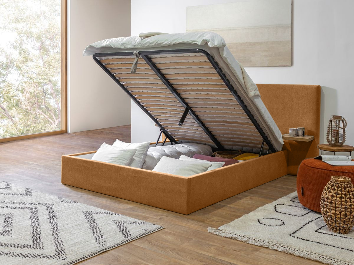 BLANDINE opbergbed in structuurstof met nachtkastjes
