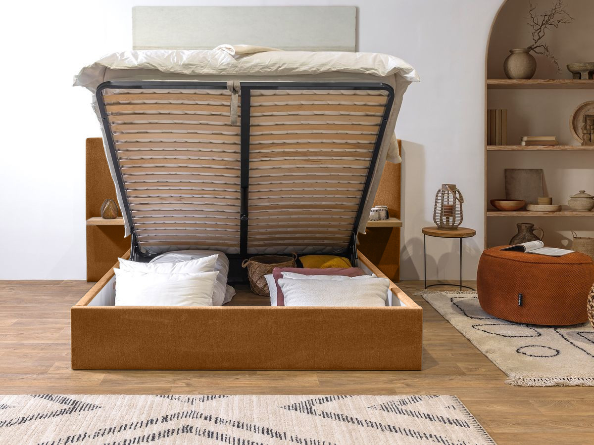 BLANDINE opbergbed in structuurstof met nachtkastjes