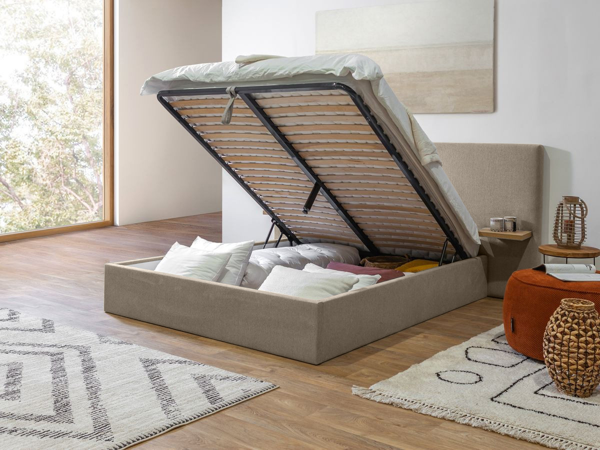 Lit coffre BLANDINE texturé avec tablettes chevets beige — vue 4